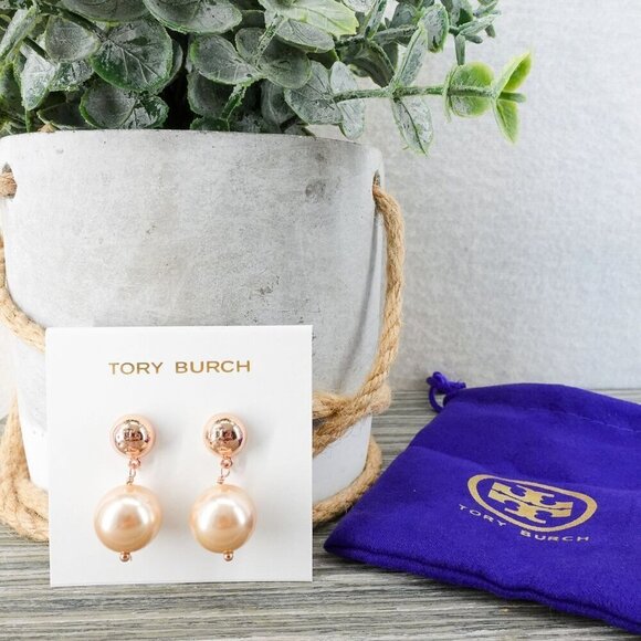 Tory Burch Crystal Pearl Drop Earrings Pink/Rose Gold OS - Picture 3 of 14